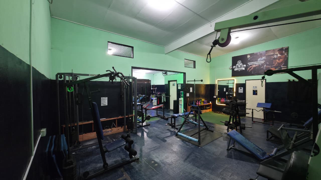 Área de musculación con máquinas y discos